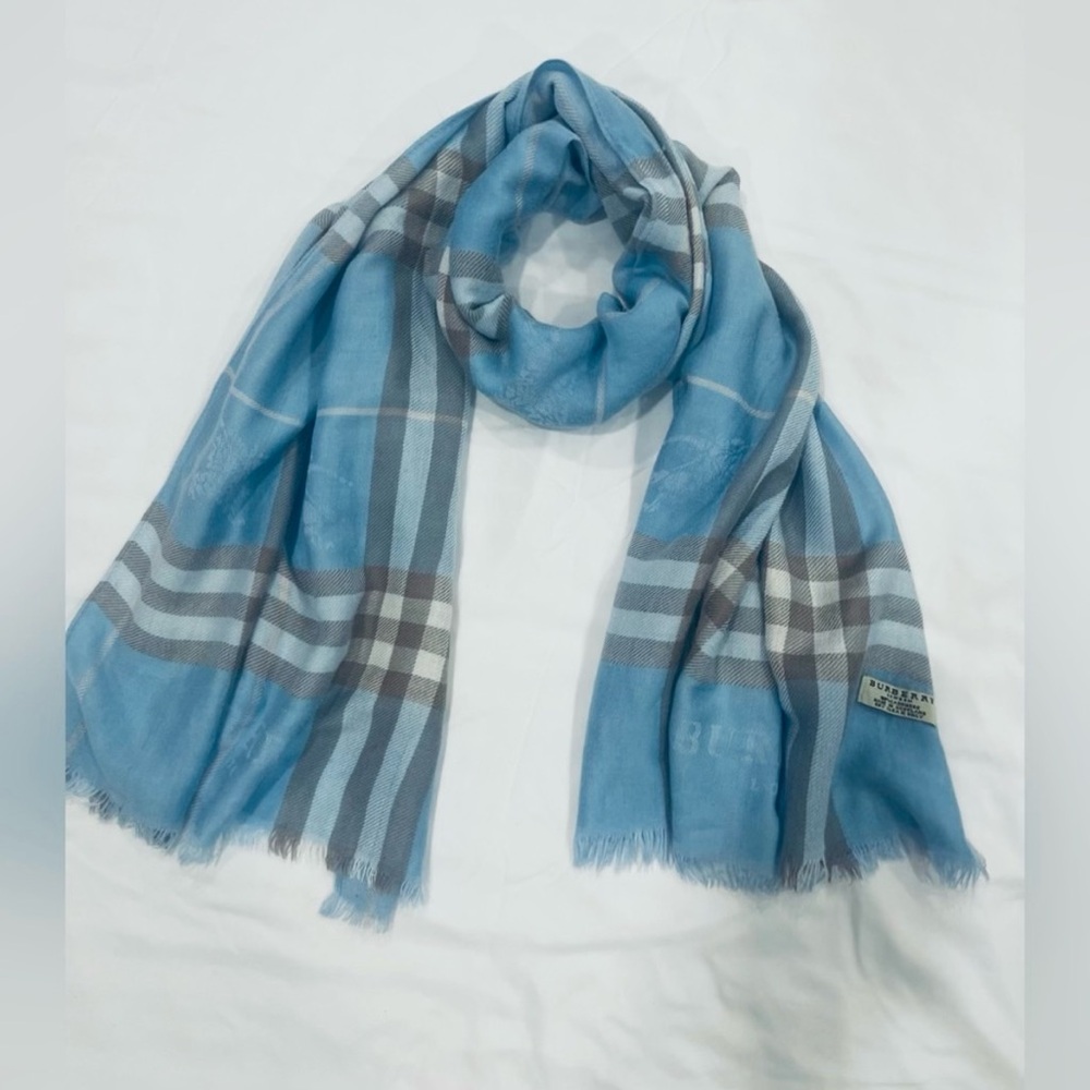 Burberry Light Blue and Brown Check Scarf